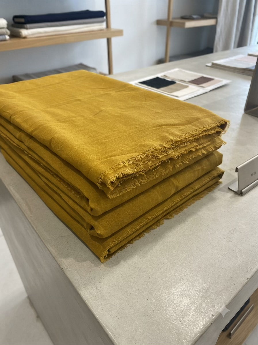 Sunlit Mustard Yellow Mul Chanderi Fabric( Big Width)
