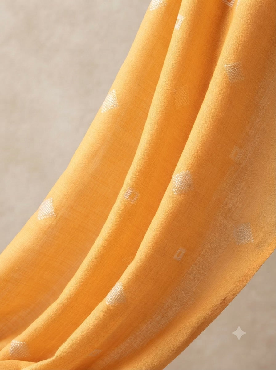Golden Orange-Yellow Cotton Linen with Self-Weave White Motifs