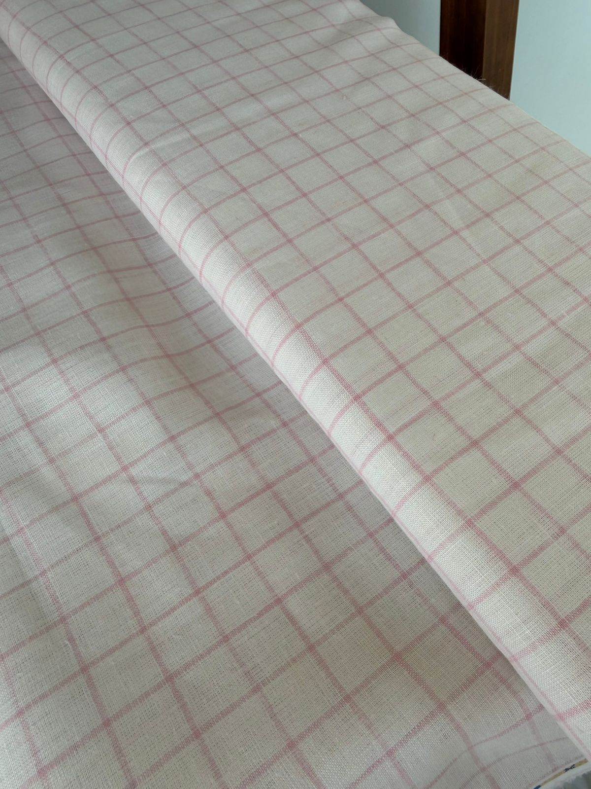 White On Pink Checks 100% Pure Natural Linen Fabric (0% Cotton)