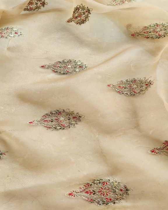 Golden Motifs Kashmiri Embroidered Organza Fabric