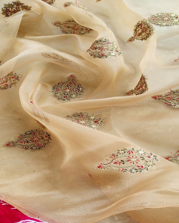 Golden Motifs Kashmiri Embroidered Organza Fabric