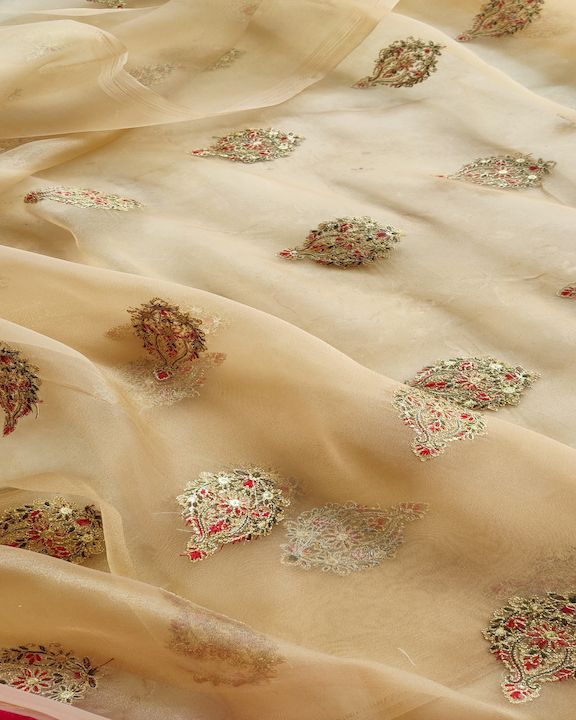 Golden Motifs Kashmiri Embroidered Organza Fabric