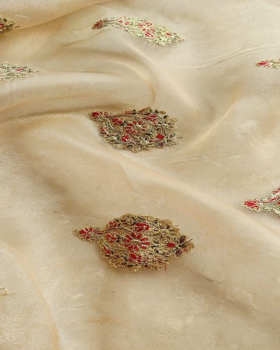 Golden Motifs Kashmiri Embroidered Organza Fabric