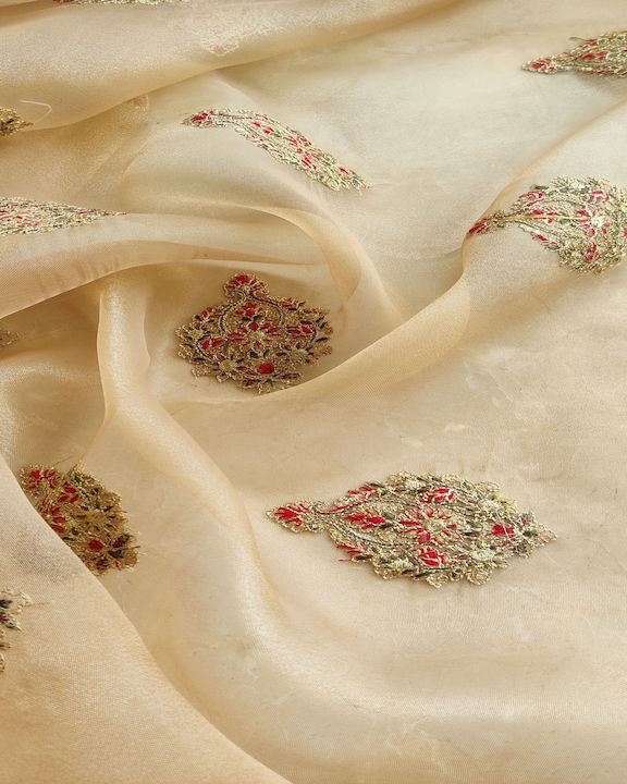 Golden Motifs Kashmiri Embroidered Organza Fabric
