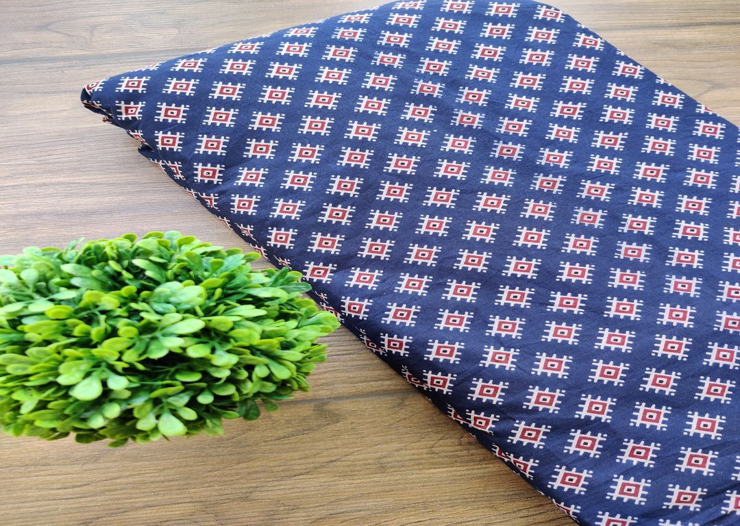 Indigo Blue Red Traditional Geometric Printed Cotton Fabric