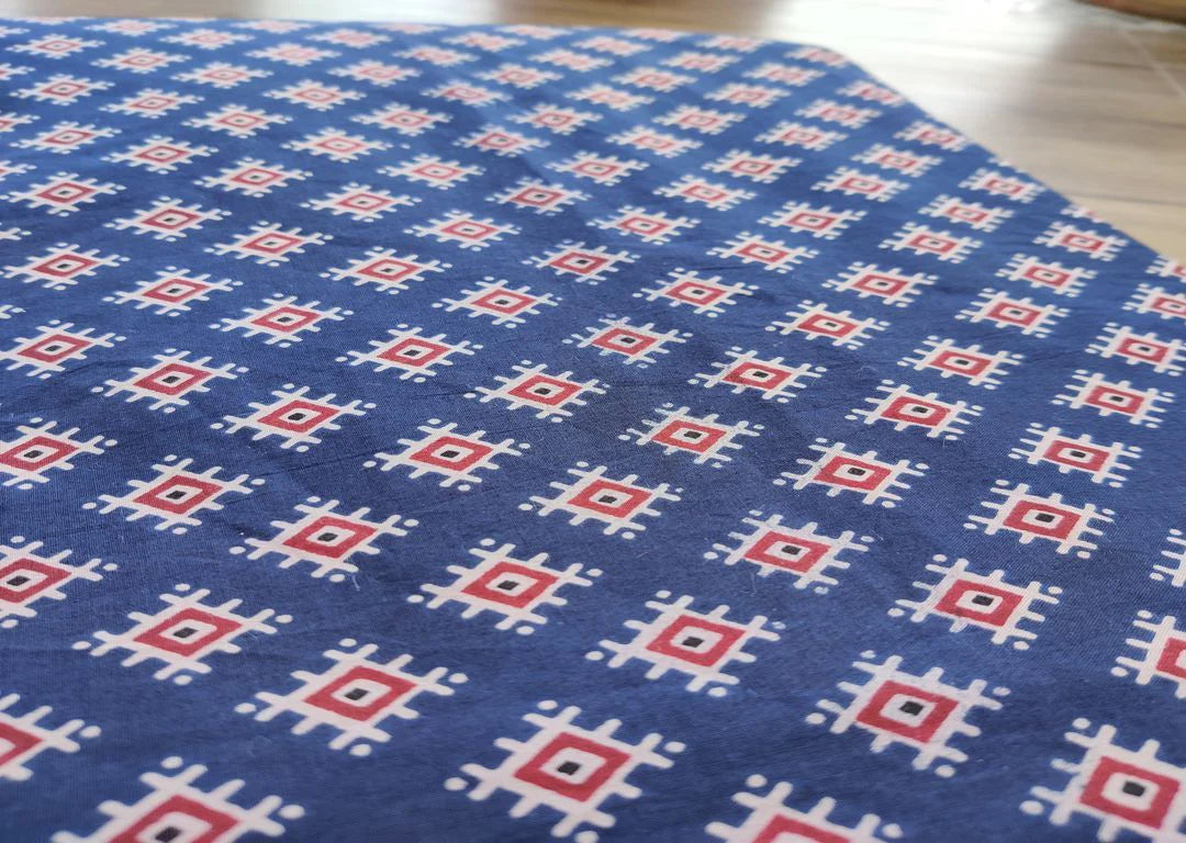 Indigo Blue Red Traditional Geometric Printed Cotton Fabric
