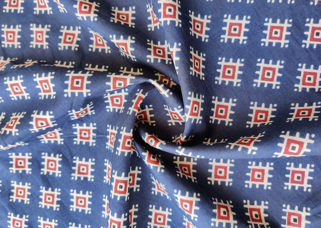 Indigo Blue Red Traditional Geometric Printed Cotton Fabric