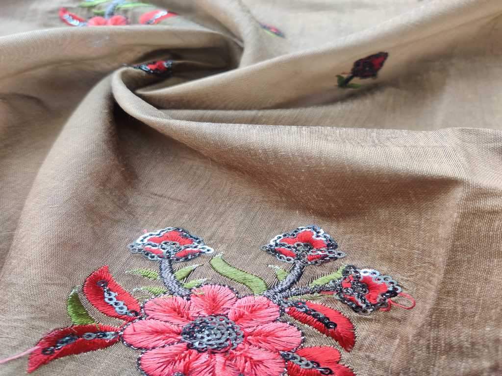 Light Brown Flowers Embroidered Chanderi Fabric