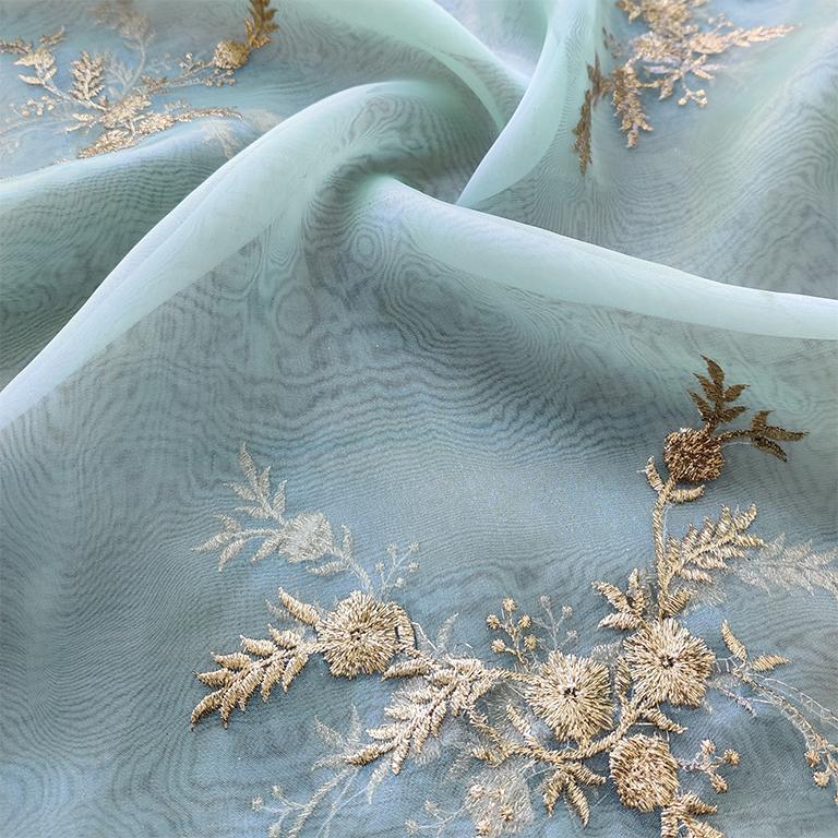 Light Green Floral Embroidered Organza Fabric With Scallops
