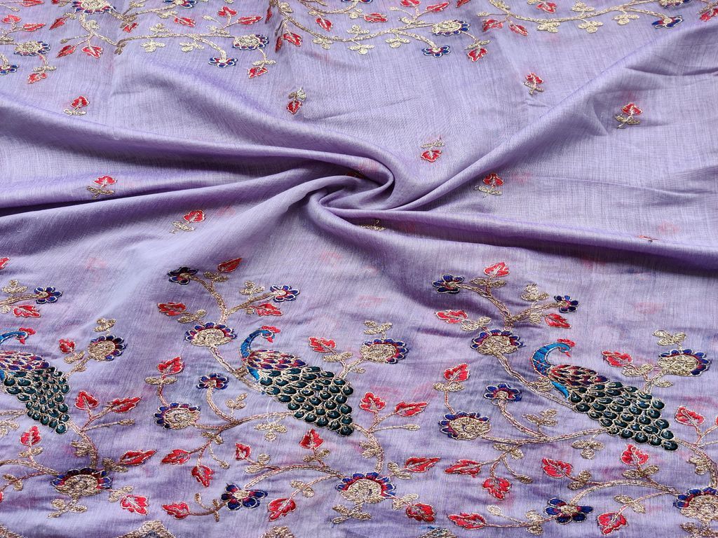 Mauve Floral Peacock Embroidered Chanderi Fabric
