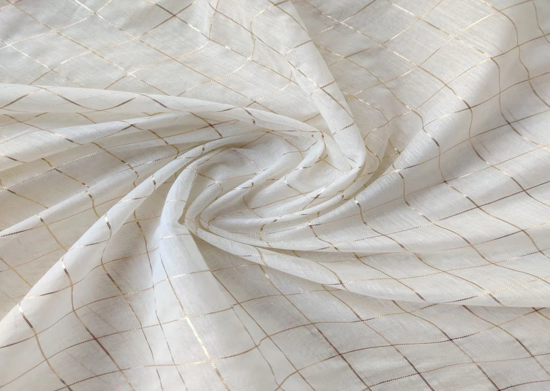 Off White Golden Checks Chanderi Fabric