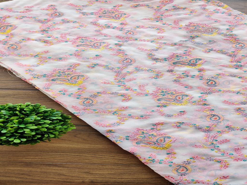 Off White Multicolour Paisleys Kashmiri Embroidered Georgette Fabric