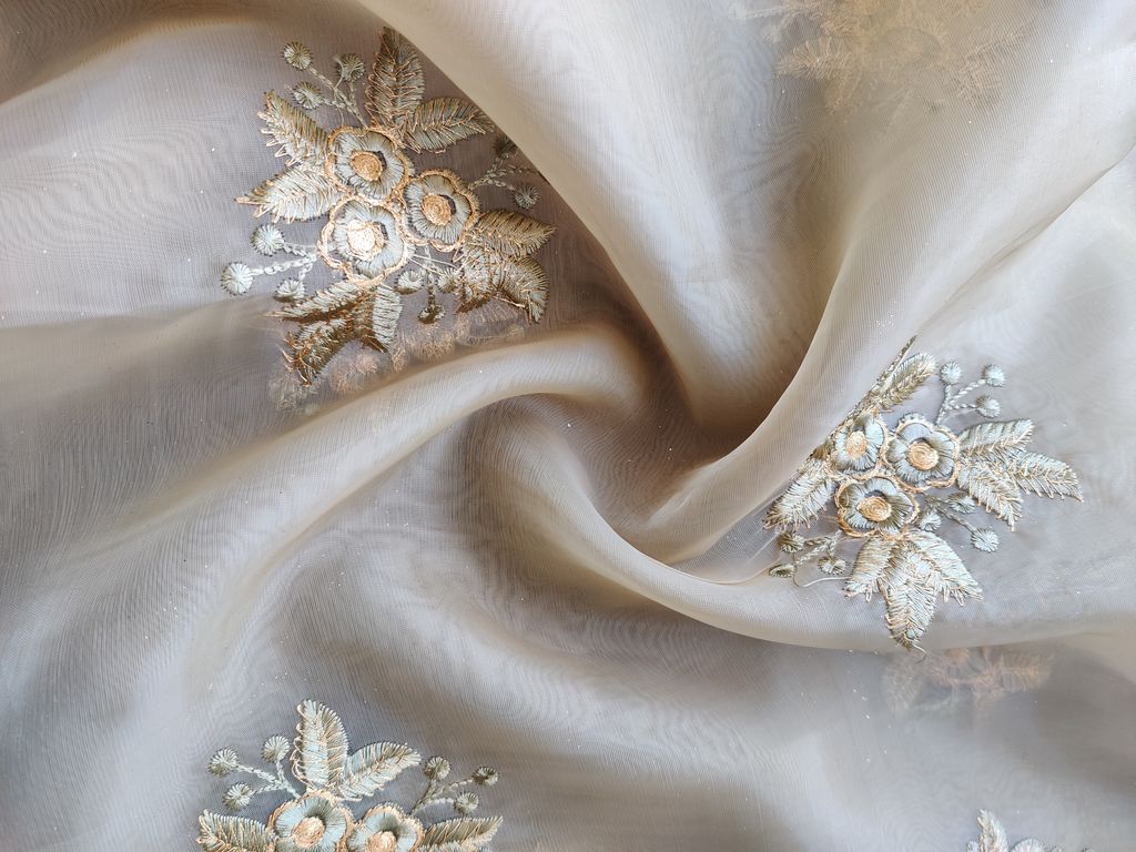 Cream Pastel Green Flowers Embroidered Organza Fabric
