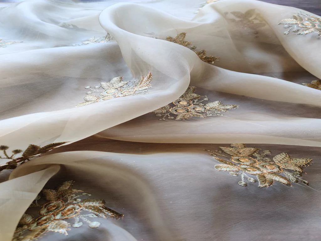Cream Pastel Green Flowers Embroidered Organza Fabric