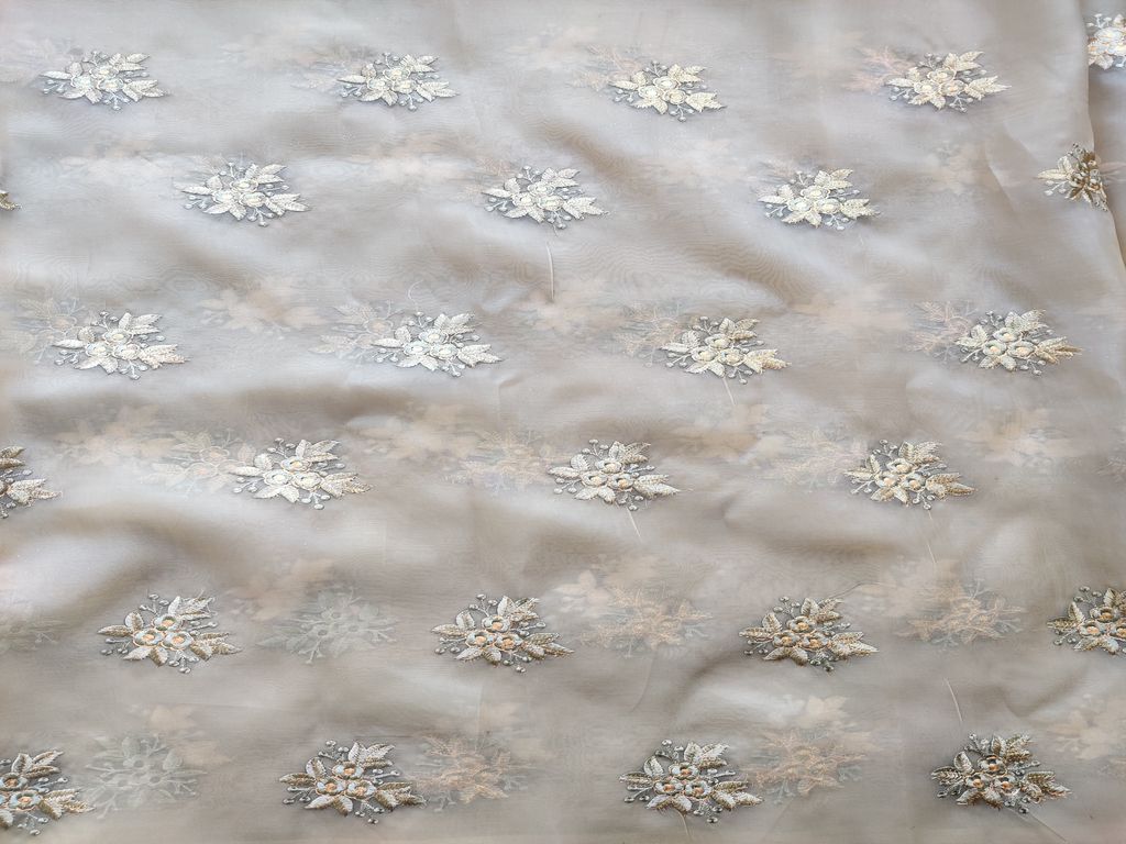 Cream Pastel Green Flowers Embroidered Organza Fabric