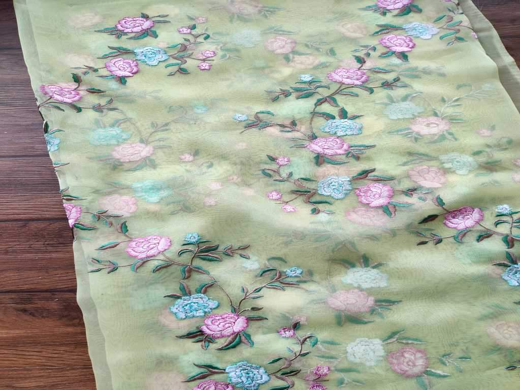 Pastel Green Floral Embroidered Organza Fabric
