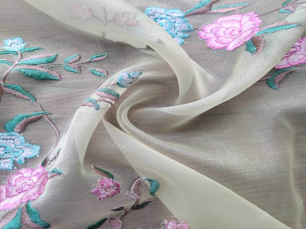 Pastel Green Floral Embroidered Organza Fabric