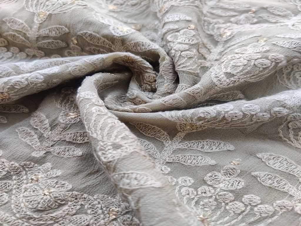 Sage Green Floral Lakhnawi Embroidered Pure Georgette Fabric