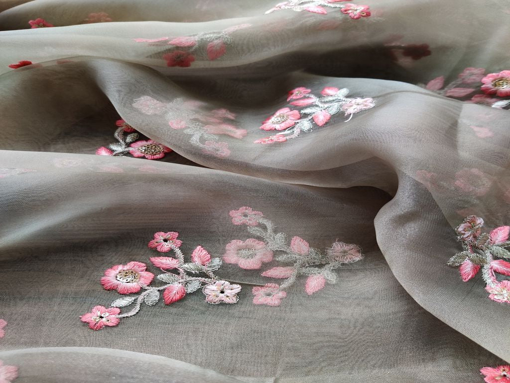 Sage Green Sequins Flowers Embroidered Organza Fabric