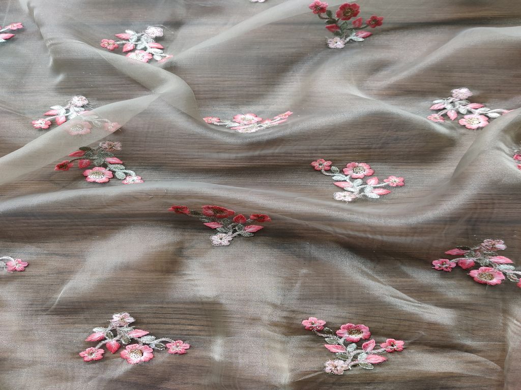 Sage Green Sequins Flowers Embroidered Organza Fabric