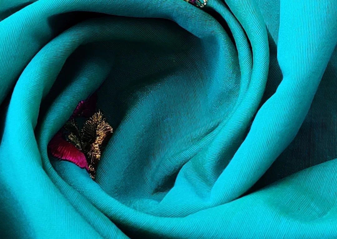 Sea Green Floral Motifs Embroidered Chanderi Fabric