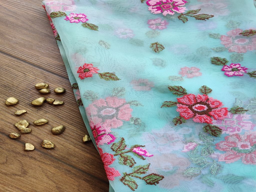 Sky Blue Multicolour Flowers Embroidered Organza Fabric