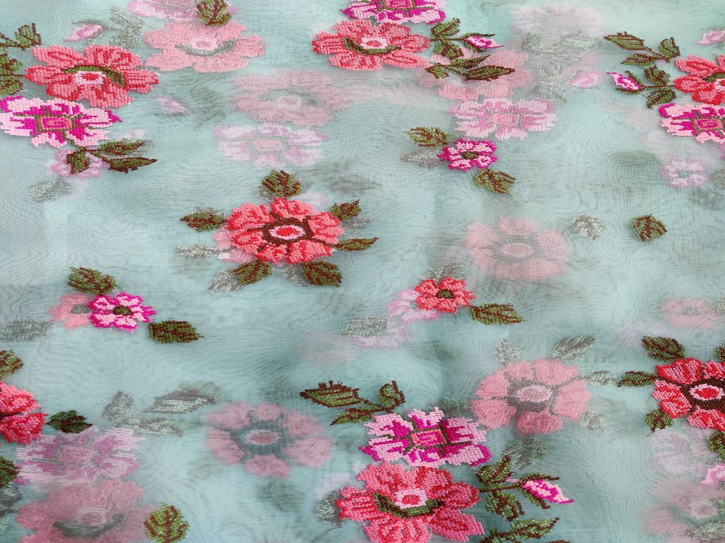 Sky Blue Multicolour Flowers Embroidered Organza Fabric
