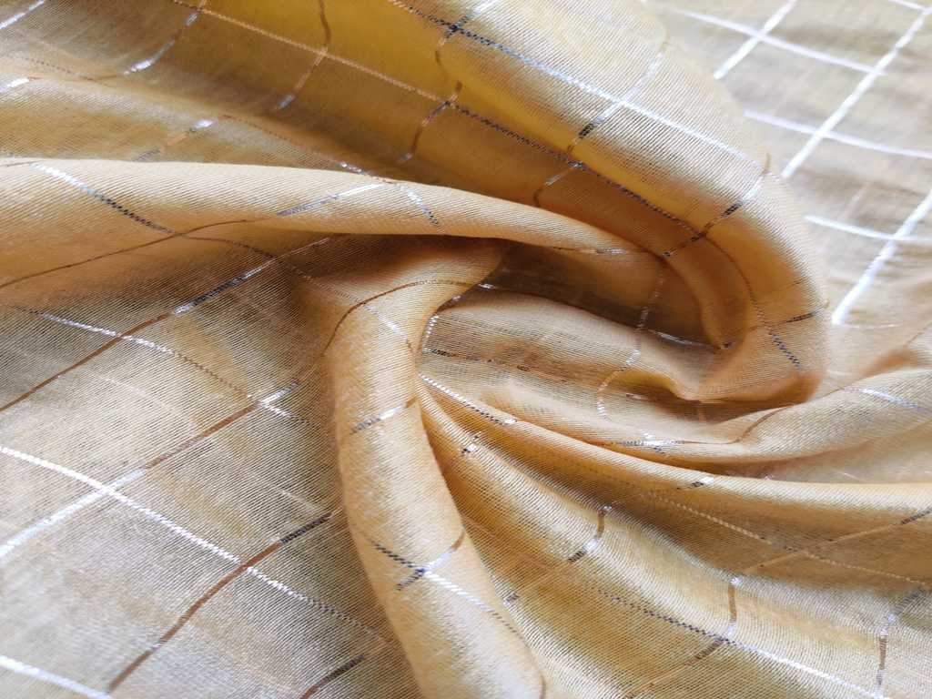 Yellow Golden Weaved Checks Chanderi Fabric