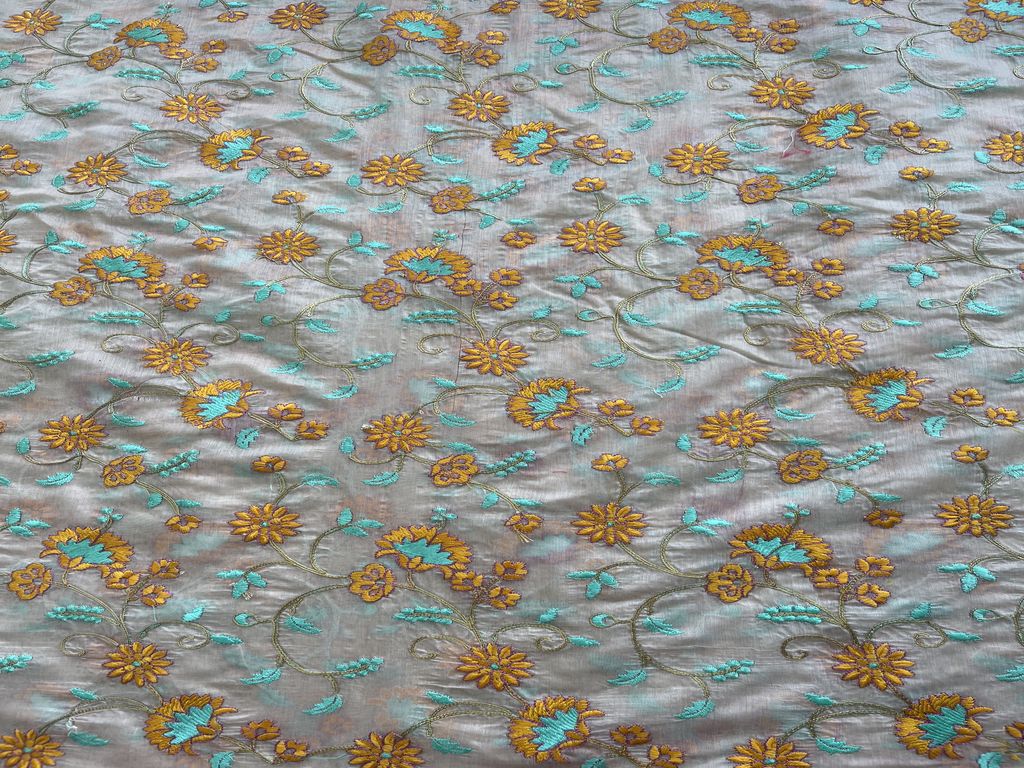 Beige Thread and Golden Dori Embroidered Chanderi Fabric