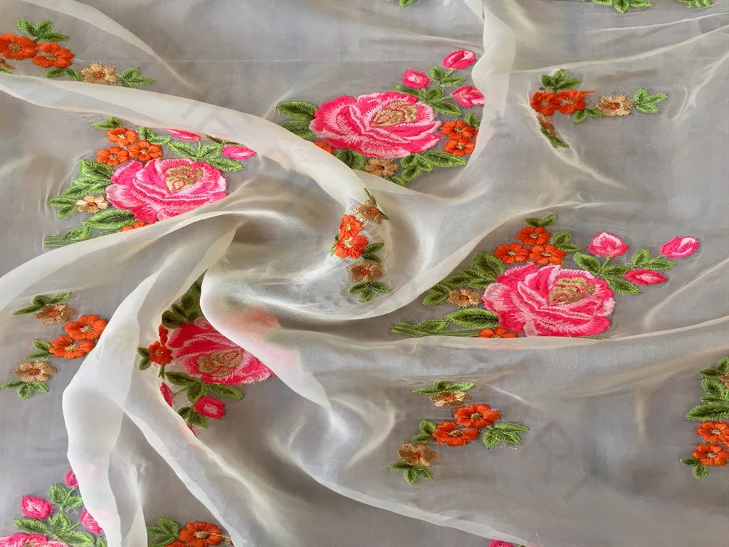 White Pink Floral Organza Fabric