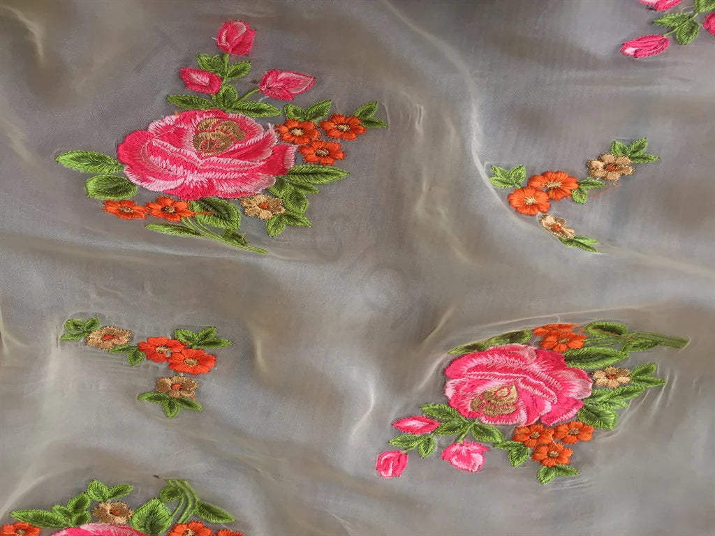 White Pink Floral Organza Fabric