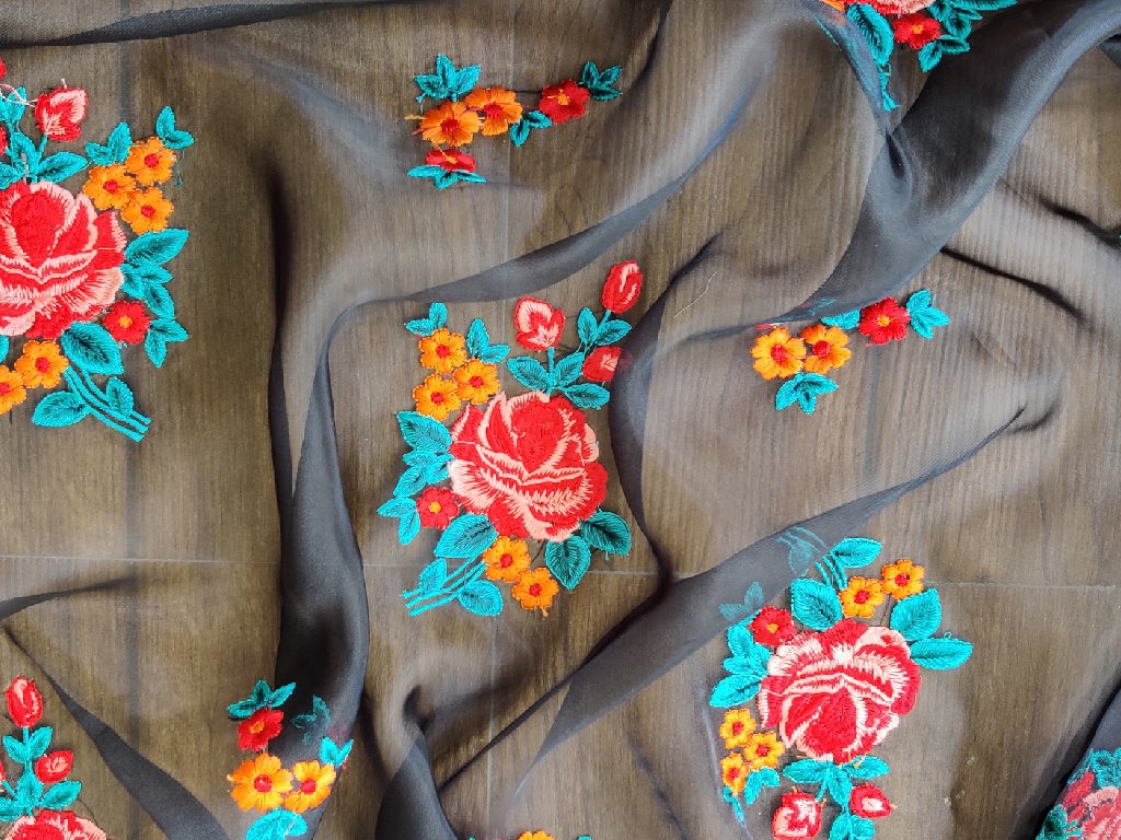 Black Multicolour Threadwork Organza Fabric