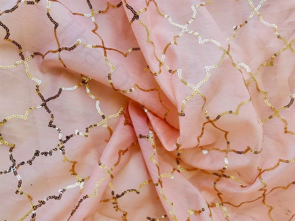 Peach Geometric Design Chanderi Silk Fabric