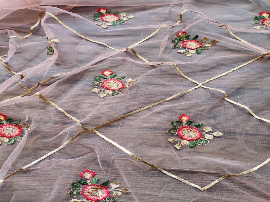 Peach Golden Zari Embroidered Floral Motifs Net