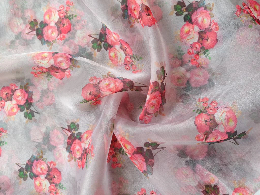 Grey Floral Printed Organza Fabric