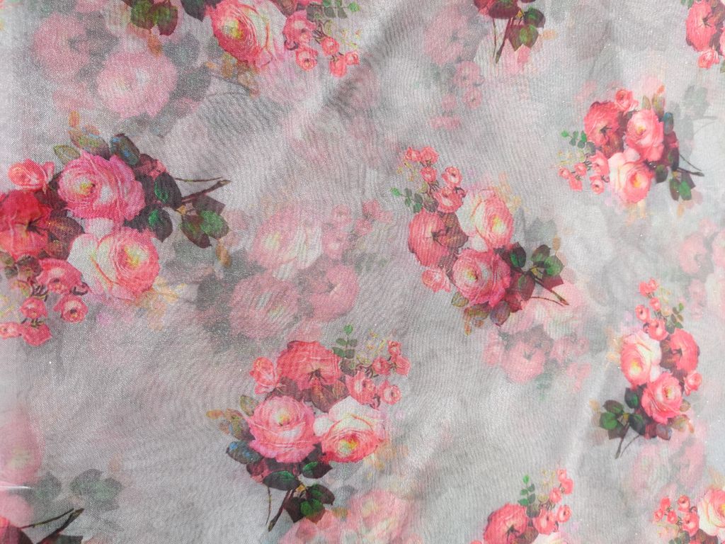 Grey Floral Printed Organza Fabric