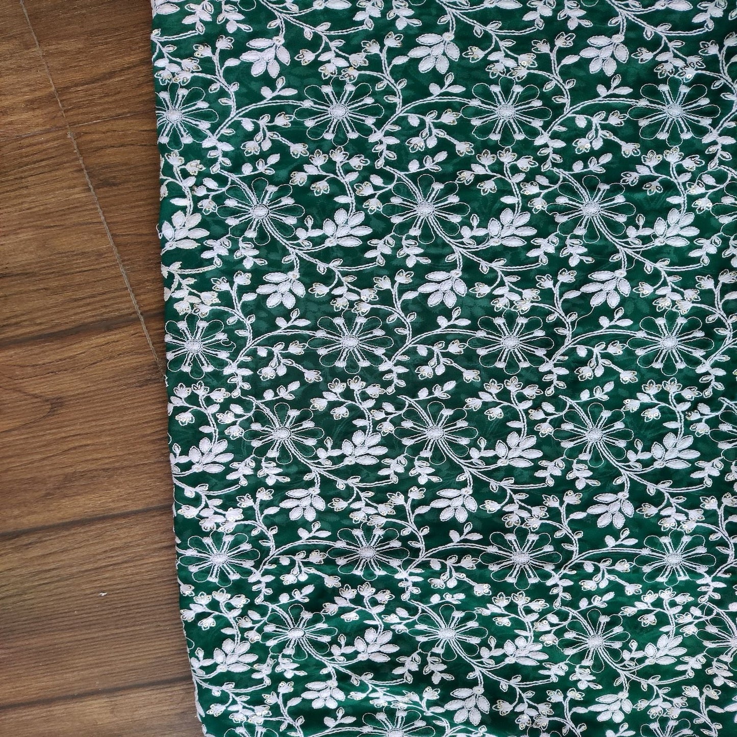 Dark Green Floral Sequins Chikankari Embroidered Georgette Fabric