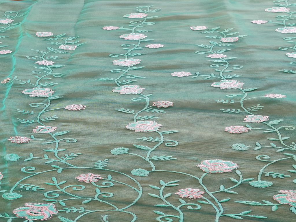 Green Floral Zardozi Embroidered Organza Fabric