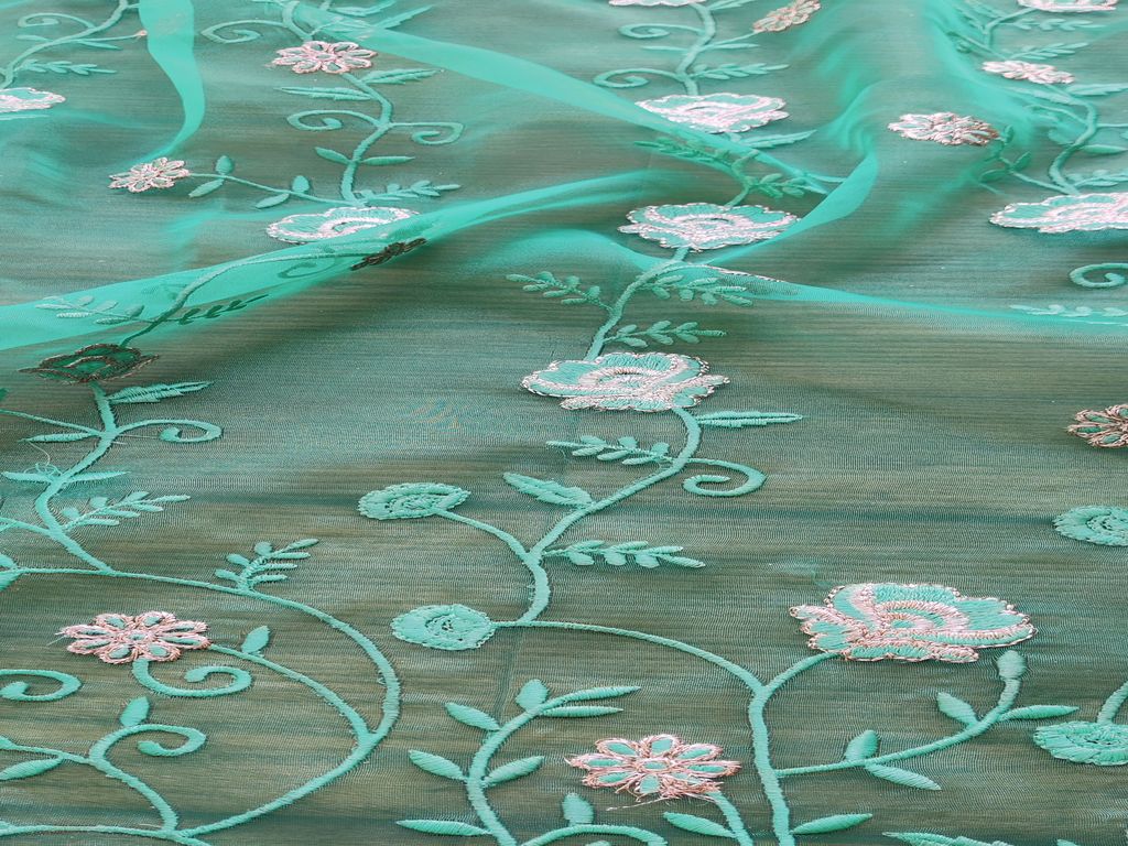 Green Floral Zardozi Embroidered Organza Fabric