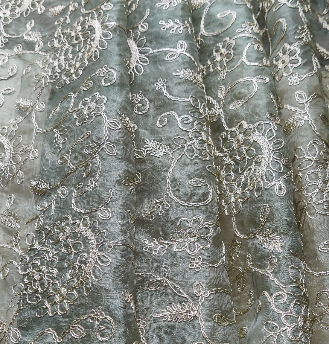 Green Floral Self Embroidered Organza Fabric