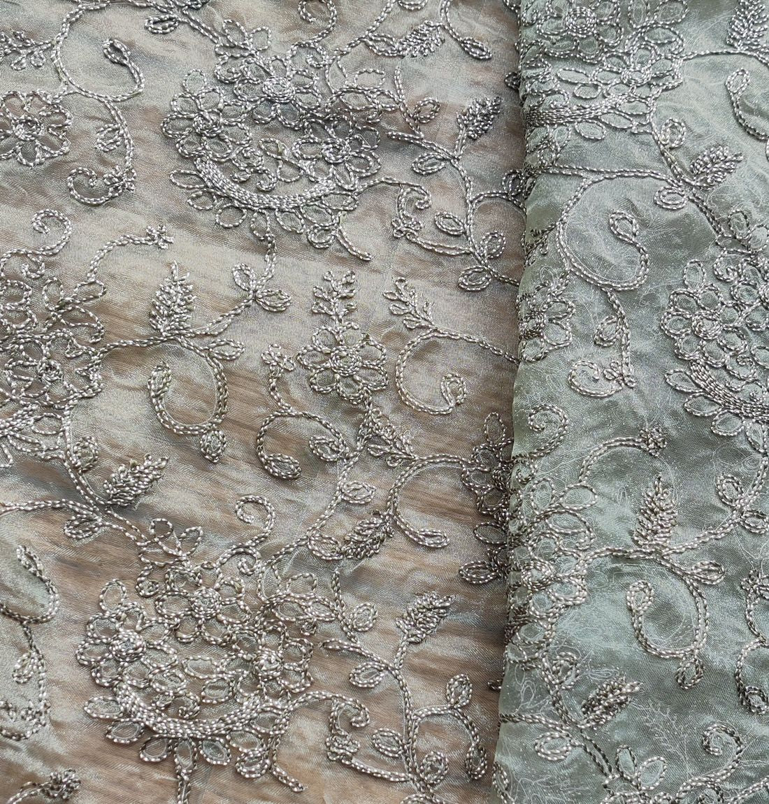 Green & Golden Floral Pitta Organza Fabric