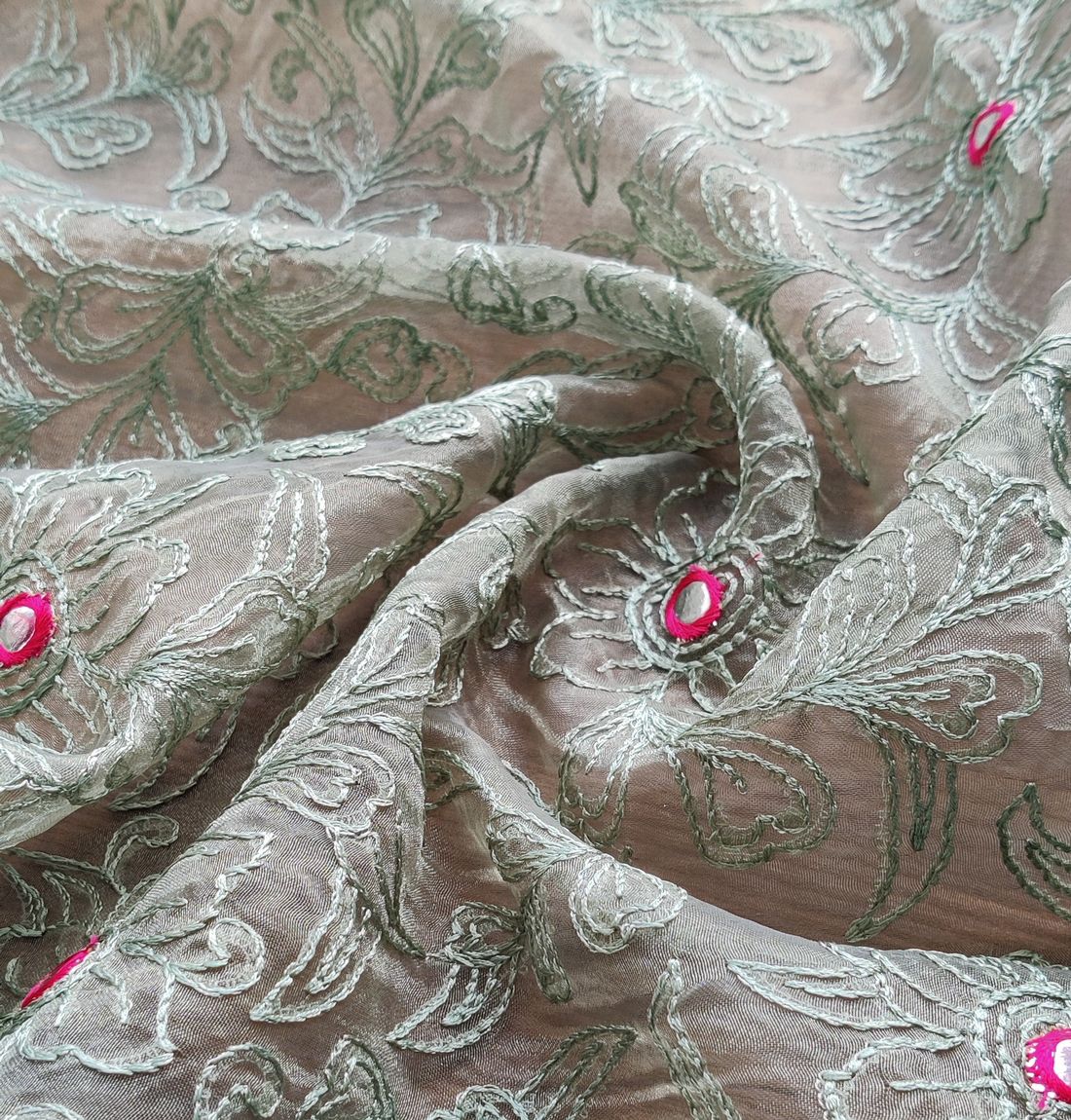 Green Floral Embroidered Faux Mirror Organza Fabric