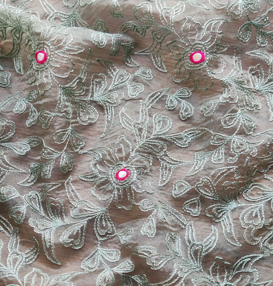Green Floral Embroidered Faux Mirror Organza Fabric