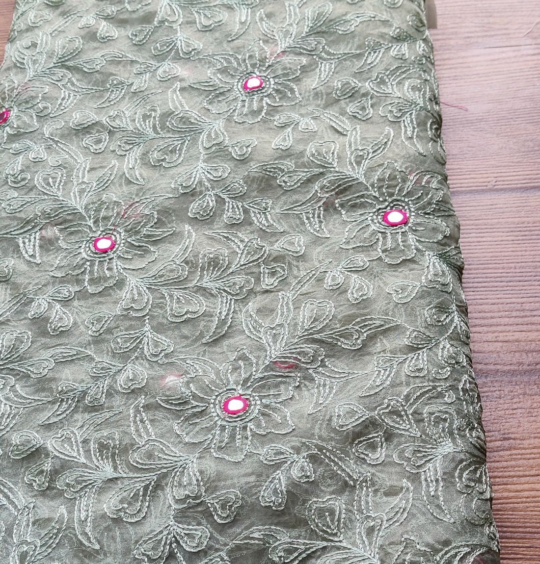Green Floral Embroidered Faux Mirror Organza Fabric