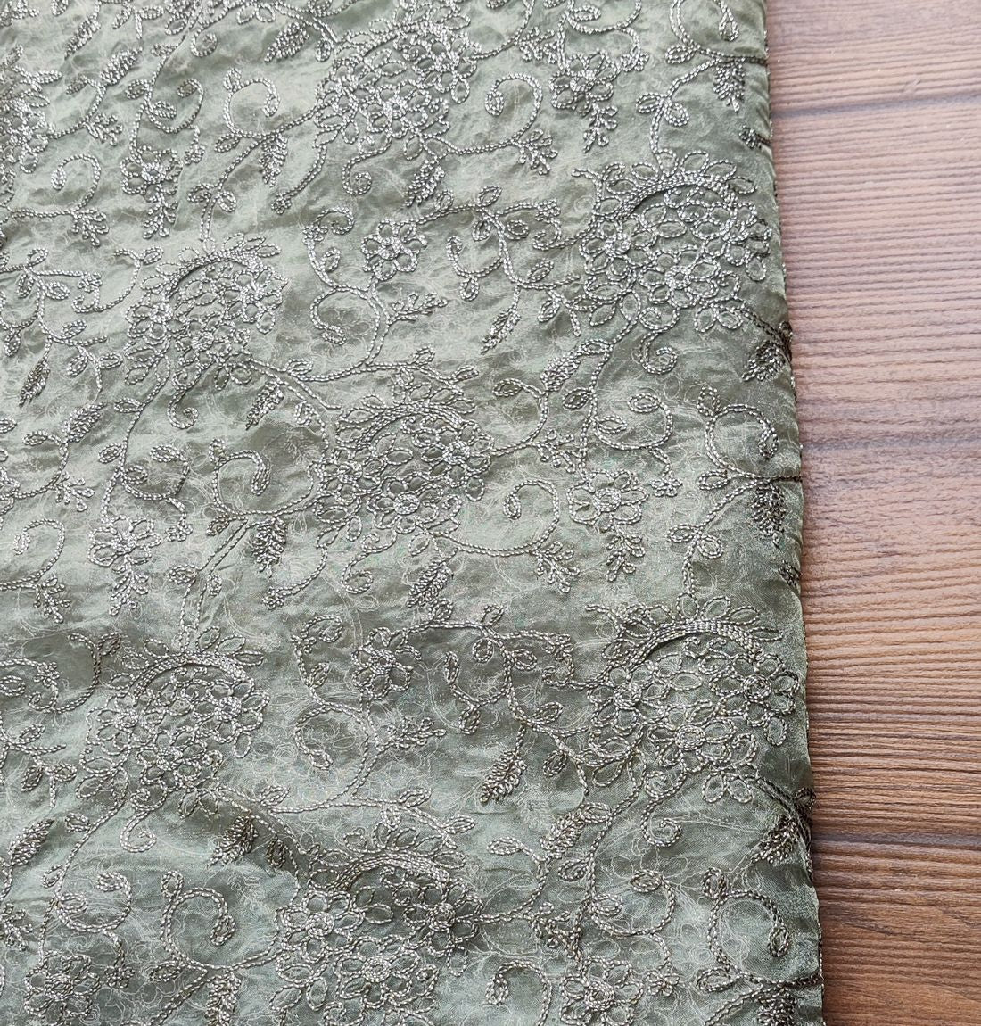 Green & Golden Floral Pitta Organza Fabric