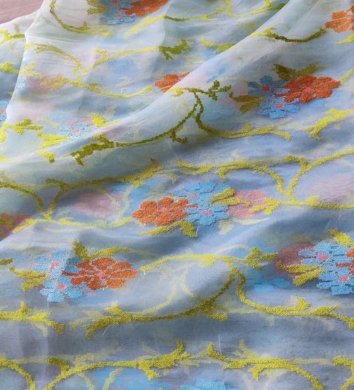 Multi Color Floral Embroidered Organza Fabric