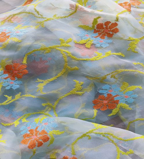 Multi Color Floral Embroidered Organza Fabric