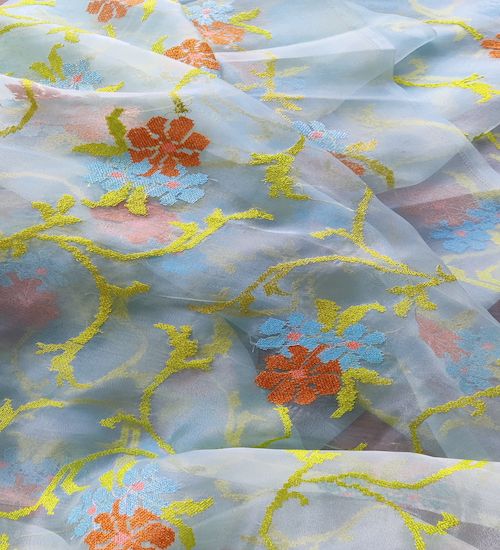 Multi Color Floral Embroidered Organza Fabric