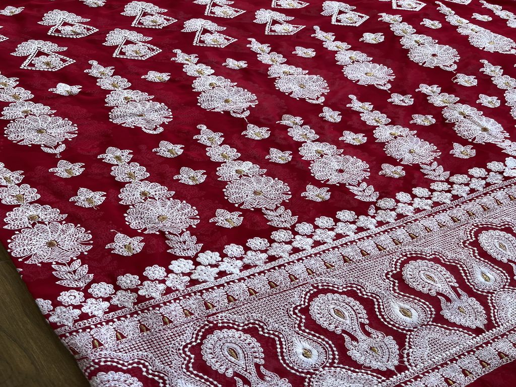 Magenta White Lakhnawi Embroidered Georgette Fabric