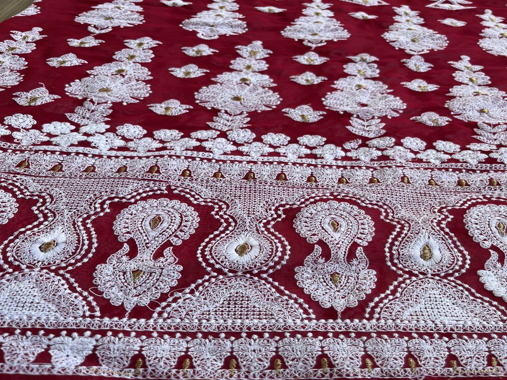 Magenta White Lakhnawi Embroidered Georgette Fabric